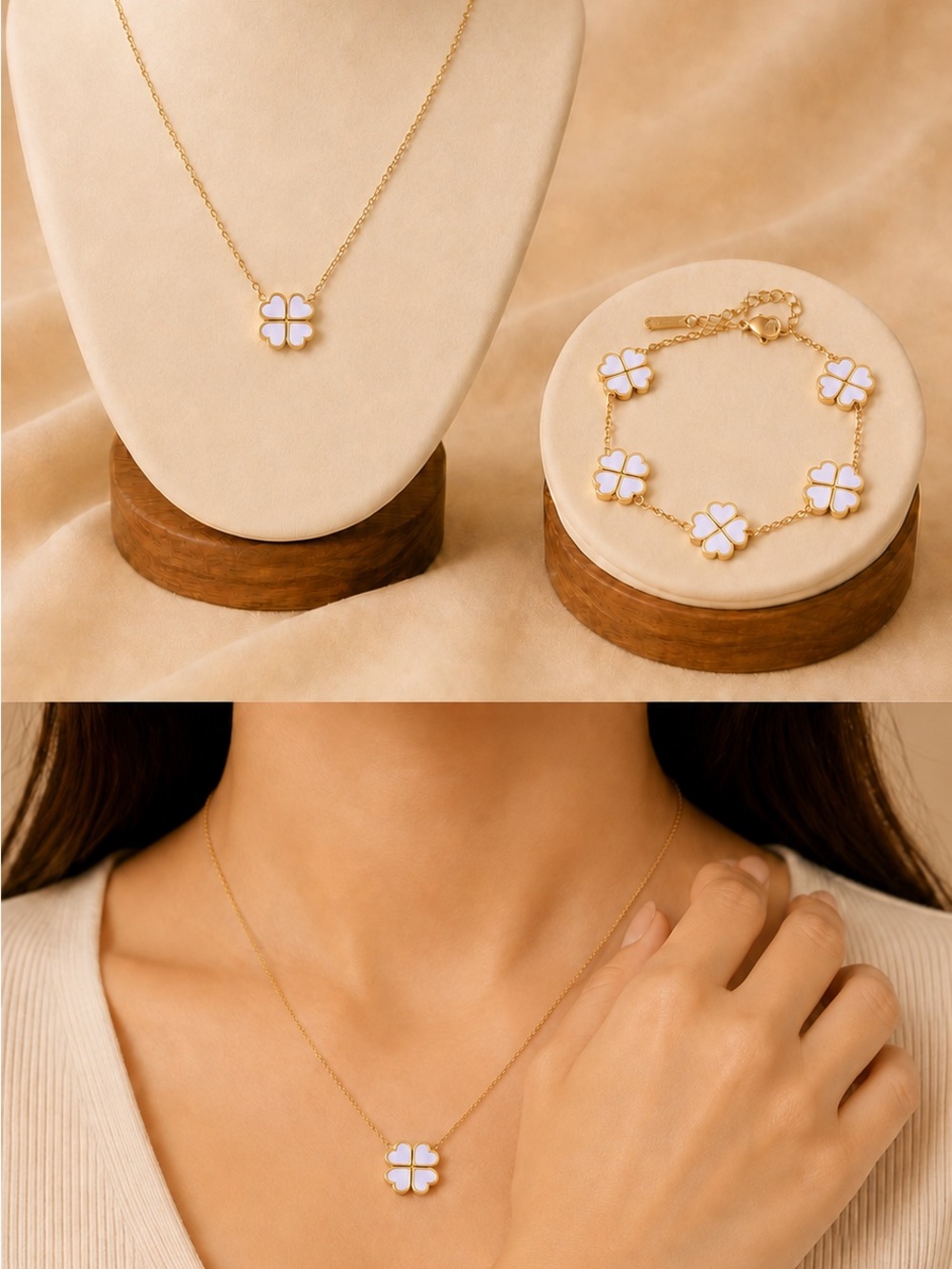 Gold Clover Necklace and Bracelet Set with White Enamel